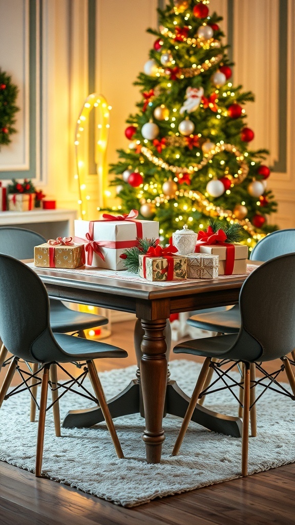 Mesa navideña decorada con regalos envueltos y un árbol de Navidad iluminado.